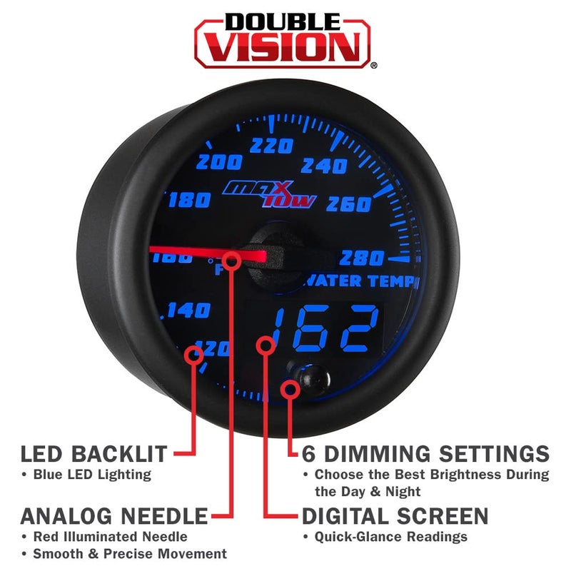 MaxTow Double Vision 280 F Water Coolant Temperature Gauge Kit - Includes Electronic Sensor - Black Gauge Face - Blue LED Illuminated Dial - Analog & Digital Readouts - for Trucks - 2-1/16" 52mm - Image 4